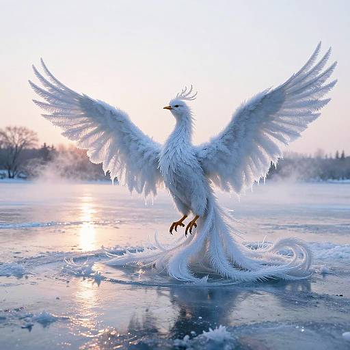 Photograph of a majestic, white phoenix with expansive wings and long tail feathers standing on a reflective, icy surface at sunrise.