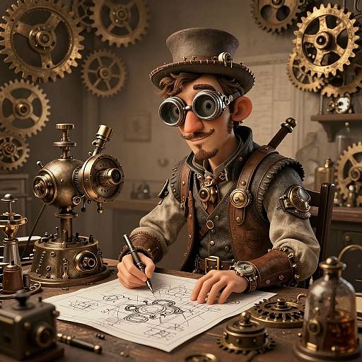 Steampunk Inventor in Cluttered Workshop
