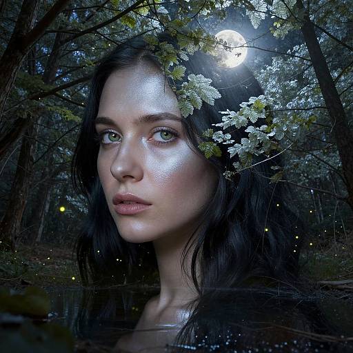 Digital portrait of a fair-skinned woman with glowing skin, green eyes, dark hair, surrounded by white blossoms and fireflies under a moonlit