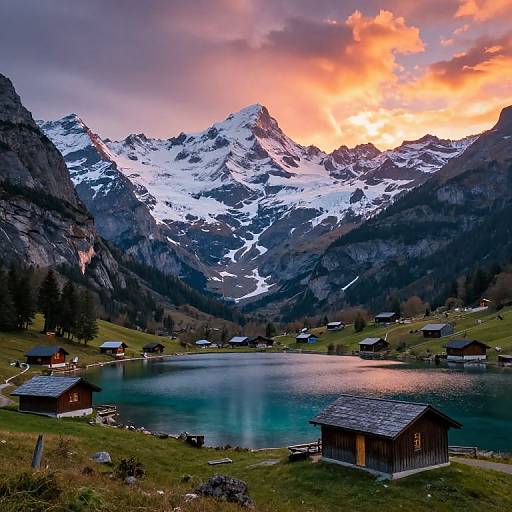 Photograph of a serene mountain village at sunset, featuring snow-capped peaks, a turquoise lake, and wooden chalets, with vibrant orange and pink