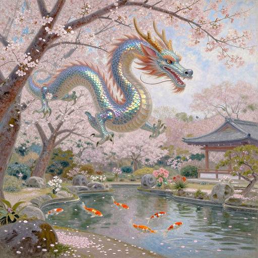 Digital painting of a shimmering, multi-colored dragon flying above a cherry blossom-filled garden with a koi pond and traditional Japanese pavilion.