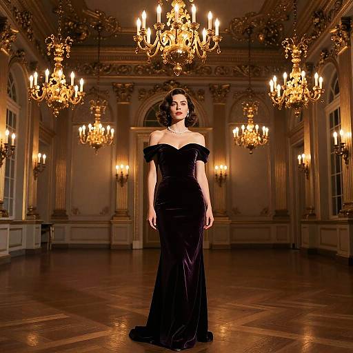 Photograph of a woman in an off-shoulder black velvet gown standing in an opulent, gold-chandelier-lit ballroom with ornate