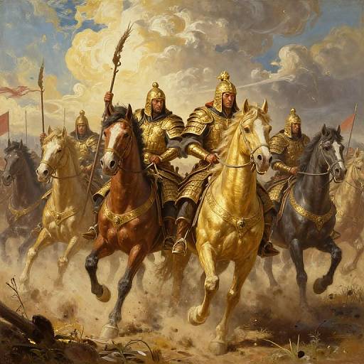 Epic painting of armored warriors in golden armor riding galloping horses, leading a charge under a dramatic cloudy sky.
