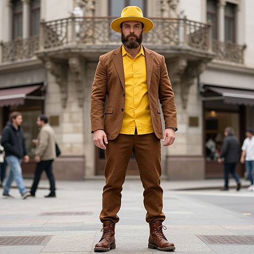 Confident Man in Brown Suit and Yellow Fedora on City Street