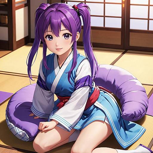 Digital anime drawing of a cute, purple-haired girl in a blue and white kimono, kneeling on tatami mat with a purple pillow, inside a