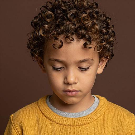 Young Boy with Curly Hair Looking Down
