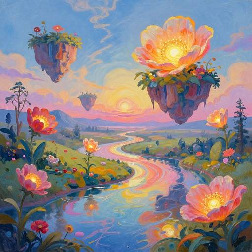 Vibrant digital painting of floating flower islands, glowing petals, winding river, sunset sky, and lush landscape in vivid colors.