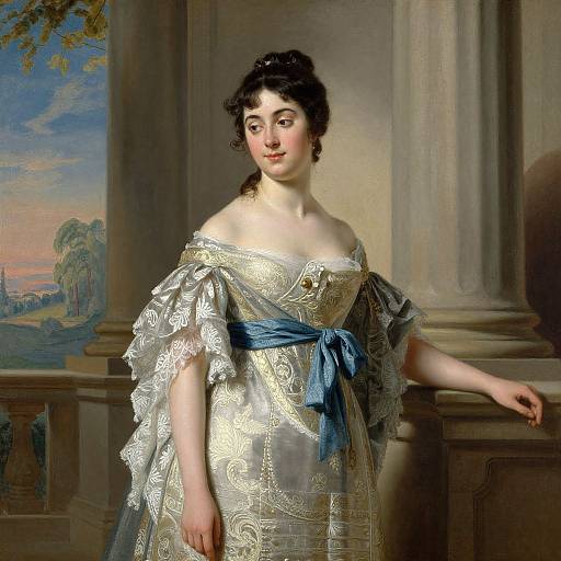 Classical portrait of a fair-skinned woman with dark hair, wearing an off-shoulder, gold-embroidered gown with blue sash