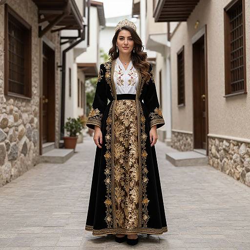 Photograph of a woman in an ornate black and gold embroidered traditional dress, standing in a narrow, stone-walled alleyway.