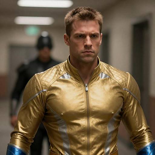 Intense Superhero in Dimly Lit Corridor