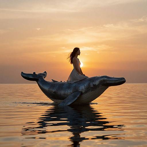 Silhouetted woman in white dress rides inflatable whale on calm ocean at sunset, with orange and pink sky reflected in water. Photorealistic digital