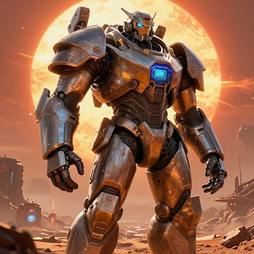CGI image of a towering, metallic, bronze-colored robot with glowing blue chest panel, standing in a rocky, sunlit desert with a large,