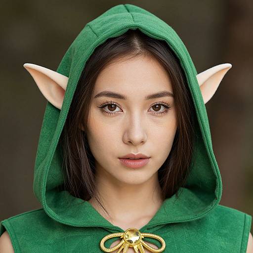 Photograph of a young Asian woman with fair skin, dark brown eyes, and long black hair, wearing a green hooded elf costume with white point