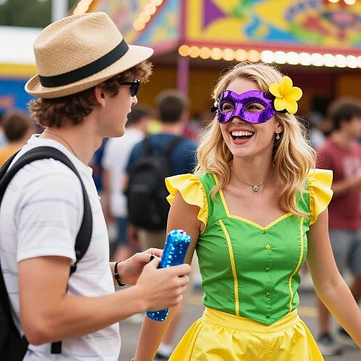Photograph of a smiling blonde woman in a green and yellow costume, purple masquerade mask, and yellow flower, talking to a man in a