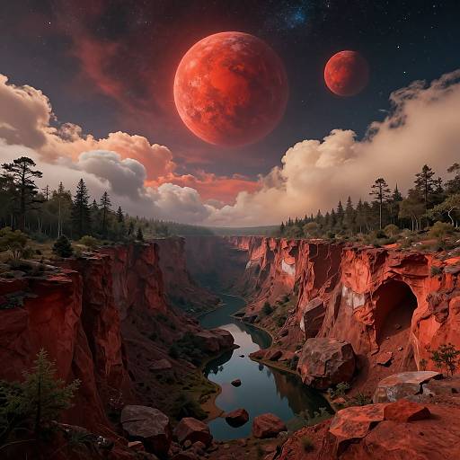 Digital artwork of a red canyon with a winding river, surrounded by pine trees, under a starry night sky with two massive red planets. Vibrant