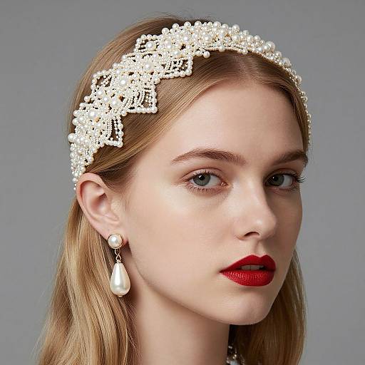 Photograph of a fair-skinned woman with red lipstick, blue eyes, and blonde hair, wearing a white lace headband and pearl earrings, against