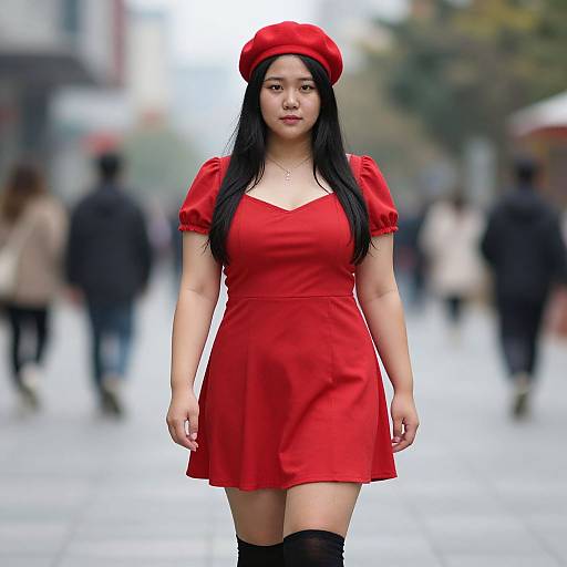 Photograph of an Asian woman with long black hair, wearing a red beret and red dress with puffed sleeves, black thigh-high stockings, standing