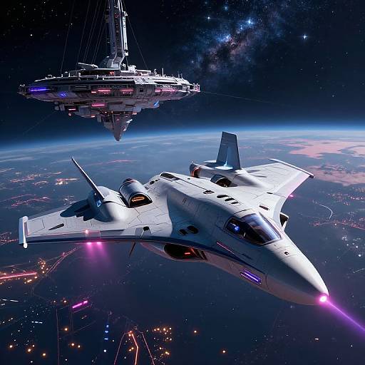 Digital artwork of a sleek, white space fighter jet with purple lights flying near a futuristic, glowing space station above a glowing planet.