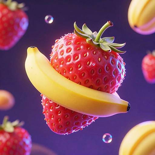 Photograph of a vibrant red strawberry with water droplets, encircled by a yellow banana slice, set against a purple background with blurred strawberries and