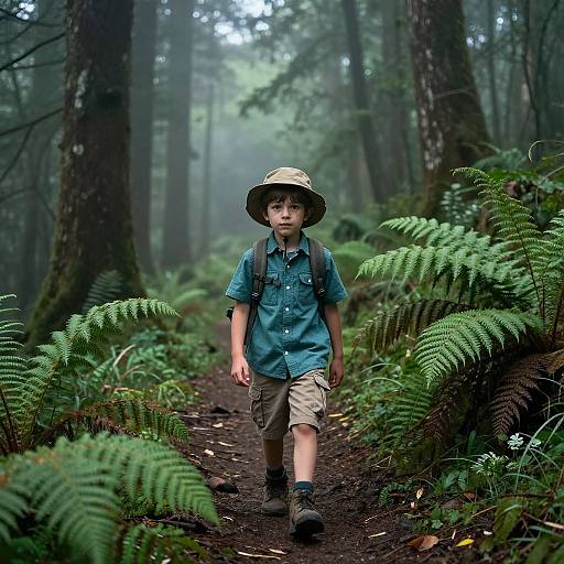 Photograph of a young boy in a blue shirt, khaki shorts, and a straw hat, walking a forest path surrounded by lush ferns and