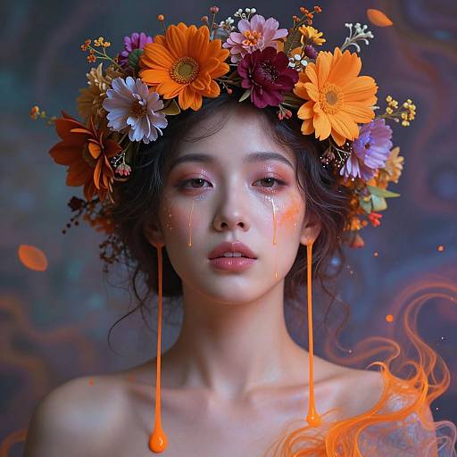 Digital art portrait of a young woman with a colorful flower crown, tears of orange liquid, and fiery orange swirls in the background. Her skin is