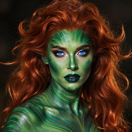 Photograph of a woman with glowing green skin and vibrant red hair, blue eyes, and dark lipstick, resembling a mystical, otherworldly figure.