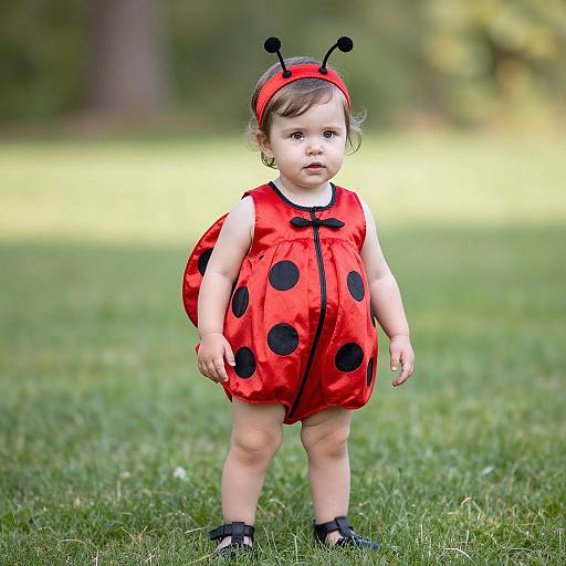 Photograph of a toddler girl in a red Ladybug dress with black polka dots, black headband with antennae, standing on grass.