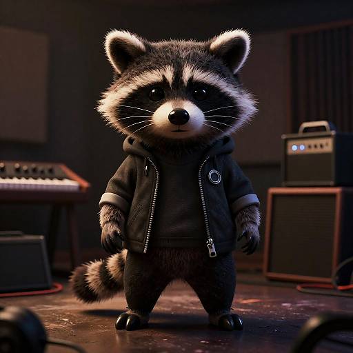 Raccoon Rockstar in Grungy Basement