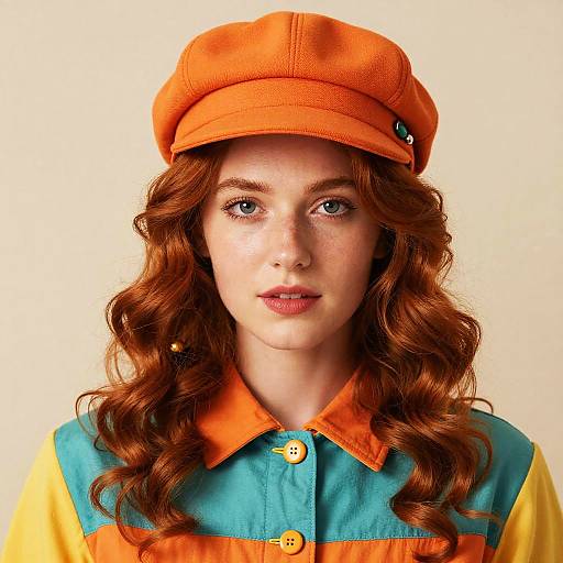 Photograph of a young woman with curly red hair, wearing an orange beret, orange and blue striped shirt, and yellow buttons, against a plain