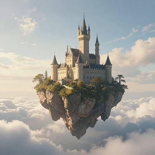 Photorealistic CGI of a floating, fairytale-style castle with tall spires on a rocky cliff above a sea of clouds.