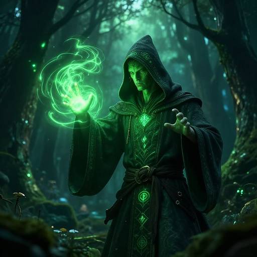 Digital artwork of a hooded, glowing green magical figure casting a bright green fireball in a dark, enchanted forest.