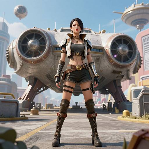 CGI image of a fierce, black-haired woman in a black crop top, shorts, and armor, standing confidently in front of a large, futuristic