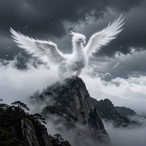 Digital artwork of a luminous white angel with outstretched wings soaring above misty, dark mountain peaks under a stormy, cloudy sky.