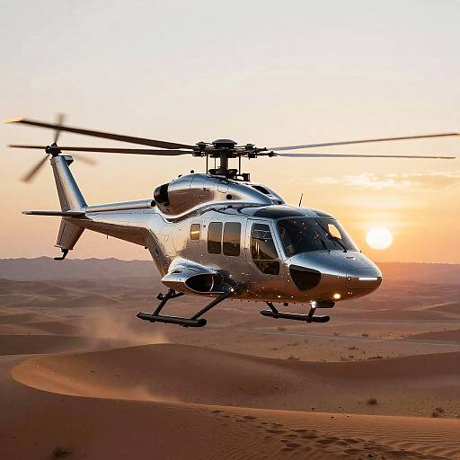 Photograph of a silver helicopter flying over a desert with orange sunset, sun low on the horizon, creating a dramatic sky and sand contrast.