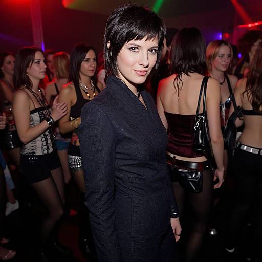 Photograph of a brunette woman in a black suit standing in a dimly-lit nightclub with colorful lights, surrounded by women in revealing, gothic