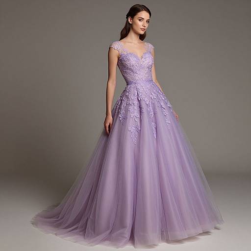 Photograph of a woman in a lavender, lace-embellished ball gown with a full tulle skirt, standing against a gray background.
