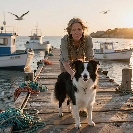 Woman with Border Collie on Coastal Pier at Sunset