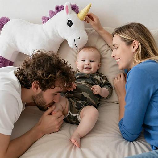 Happy Family with Baby on Bed