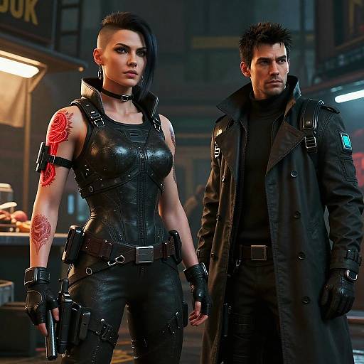 Digital artwork of a muscular woman with black leather outfit, red tattoos, and short black hair, standing beside a serious man in a black coat, in