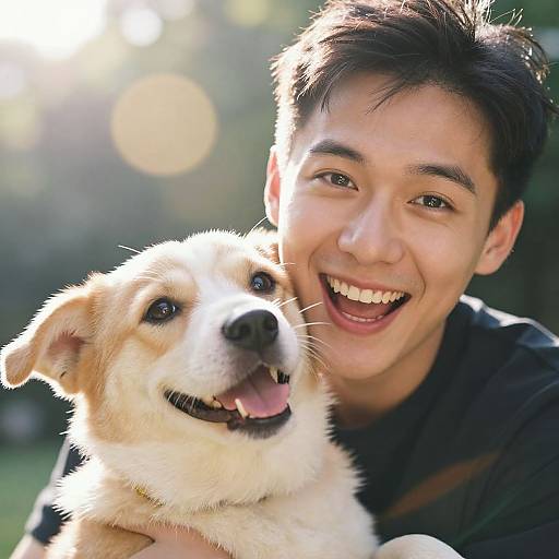 Photograph of a smiling Asian man with short black hair, holding a happy, light-brown and white fluffy dog outdoors. Sunlight creates bokeh