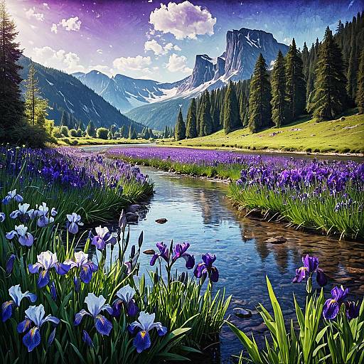 Serene Fantasy Meadow with Violet Irises