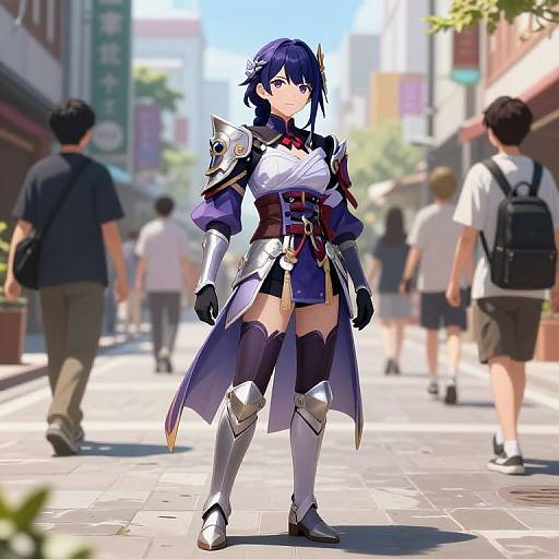 Digital anime-style illustration of a blue-haired female warrior in silver armor and purple robes, standing confidently on a sunlit, bustling city street with blurred pedestrians