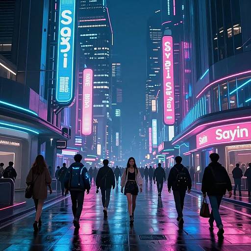 Neon-lit, futuristic city street at night with glowing blue, pink, and white signs for 