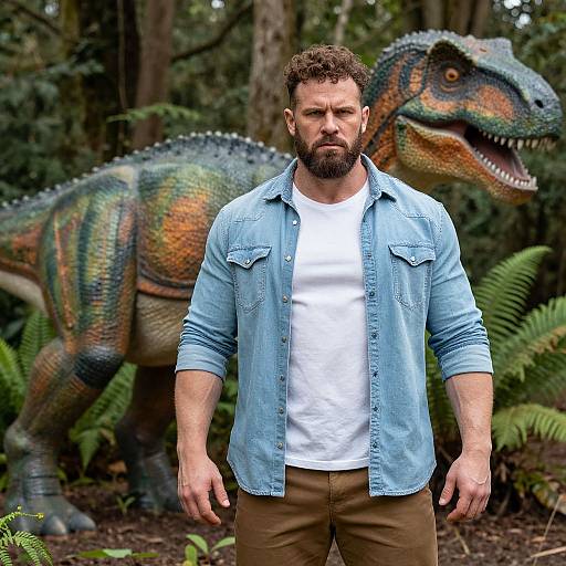 Photograph of a bearded man with curly brown hair, wearing a blue denim jacket and white shirt, standing in a forest with a life-sized,
