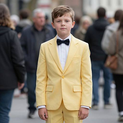 Photograph of a young boy in a bright yellow tuxedo with black bow tie, standing in a blurred outdoor crowd.
