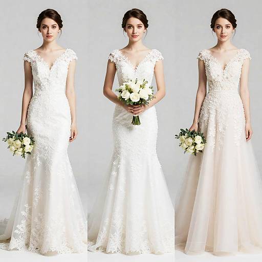 Photograph of a fair-skinned, brunette woman in three white lace wedding dresses with cap sleeves and deep V-necks, holding white and green bou