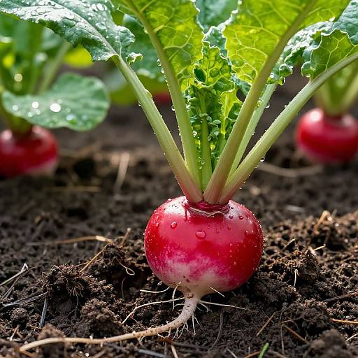 Close-up photograph of a bright red radish with green leaves, covered in water droplets, growing in dark, rich soil.
