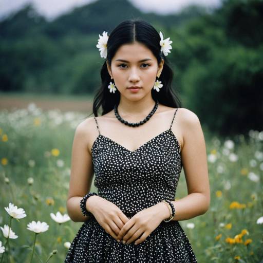 Young Woman in Polka Dot Dress with Floral Accessories