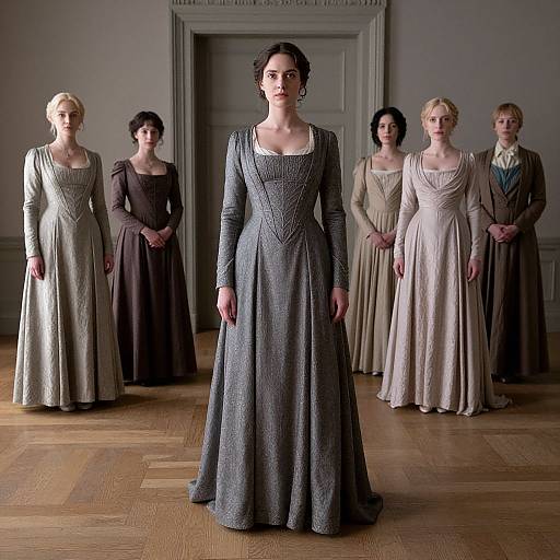 Photograph of six women in Victorian-style dresses standing in a dimly lit room; central woman in gray dress foreground, others in beige and brown dresses