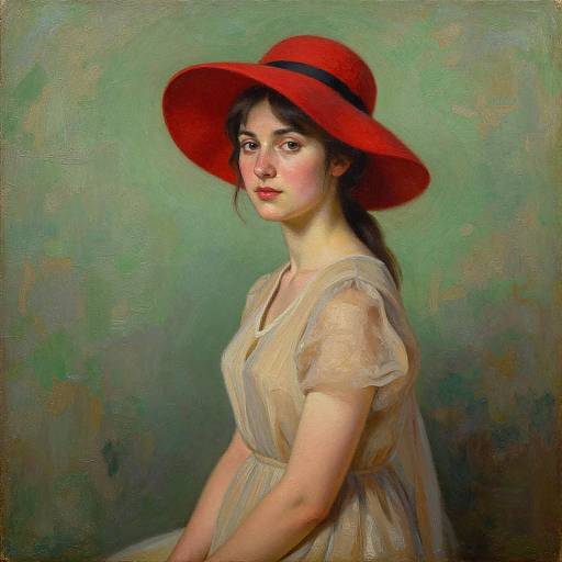 Realistic oil painting of a young woman with fair skin, dark brown hair, red wide-brimmed hat, and translucent beige dress, against a